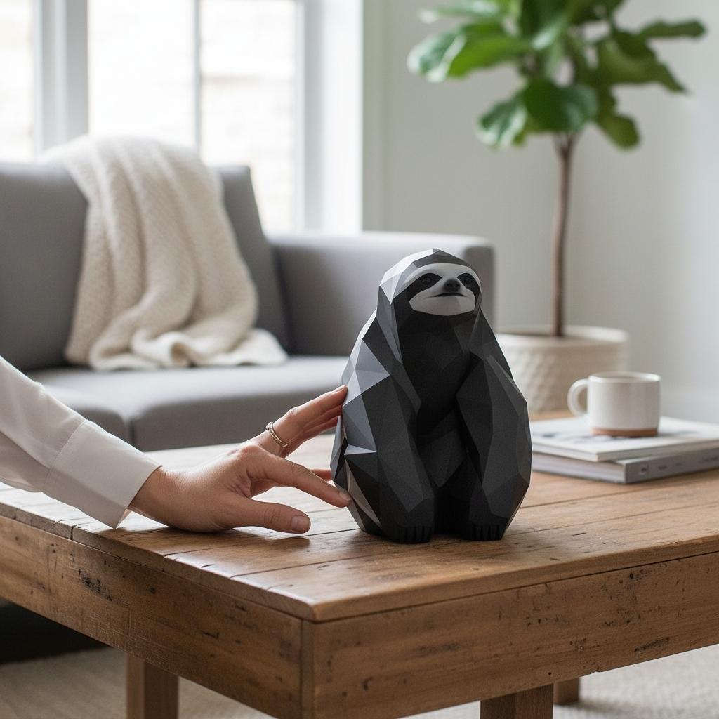 Sitting Low Poly Sloth Sculpture – Modern Animal Decor
