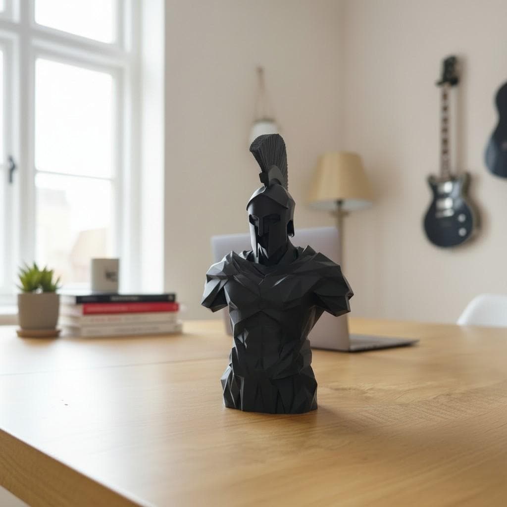 Low Poly Spartan Warrior Bust – Geometric Greek Helmet Statue, Masculine Office Decor