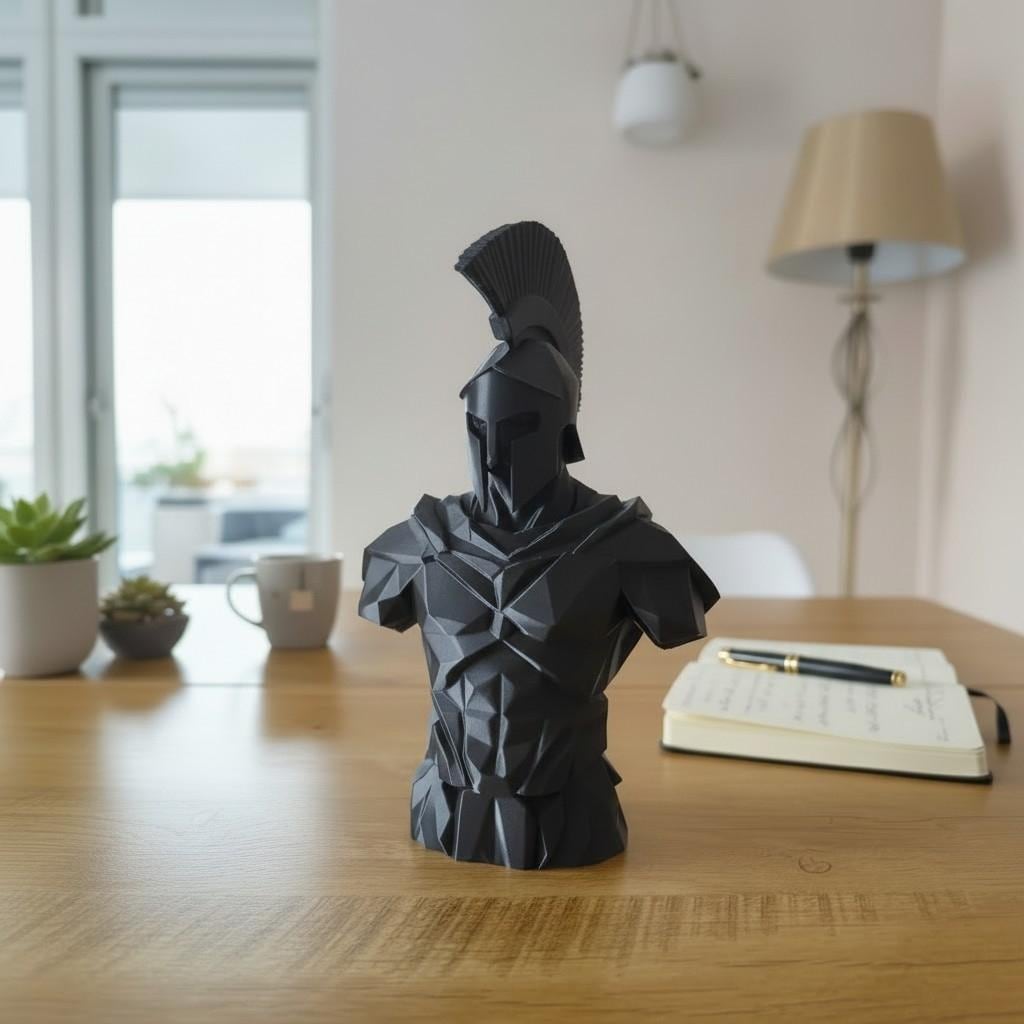 Low Poly Spartan Warrior Bust – Geometric Greek Helmet Statue, Masculine Office Decor