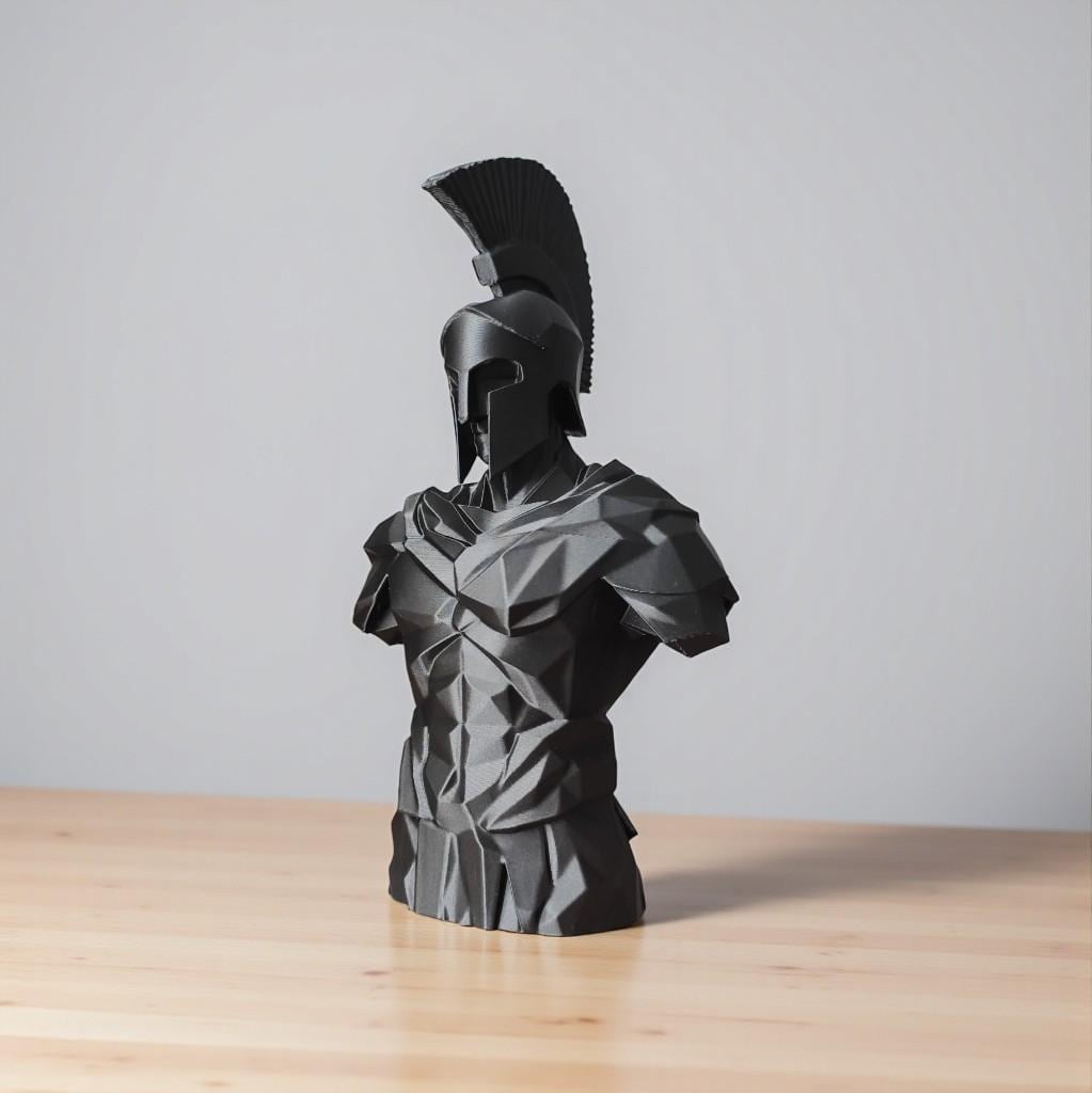 Low Poly Spartan Warrior Bust – Geometric Greek Helmet Statue, Masculine Office Decor