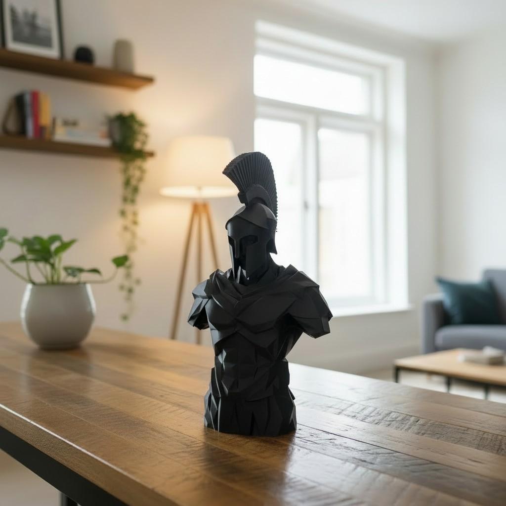 Low Poly Spartan Warrior Bust – Geometric Greek Helmet Statue, Masculine Office Decor