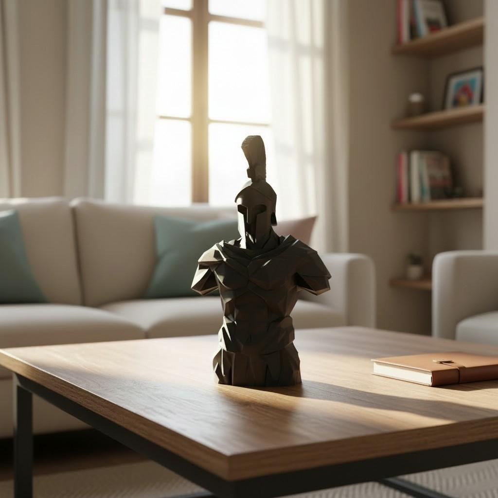 Low Poly Spartan Warrior Bust – Geometric Greek Helmet Statue, Masculine Office Decor