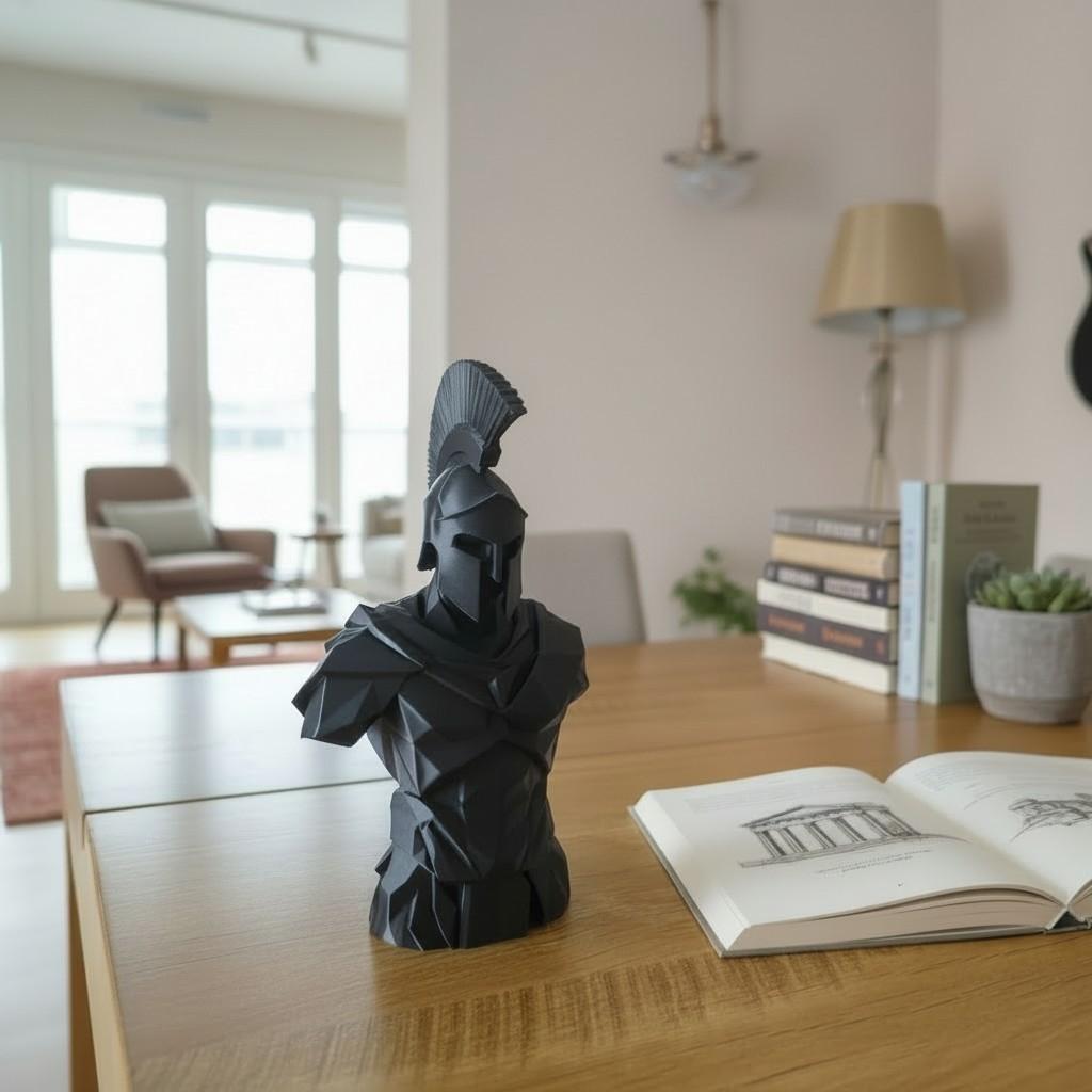 Low Poly Spartan Warrior Bust – Geometric Greek Helmet Statue, Masculine Office Decor