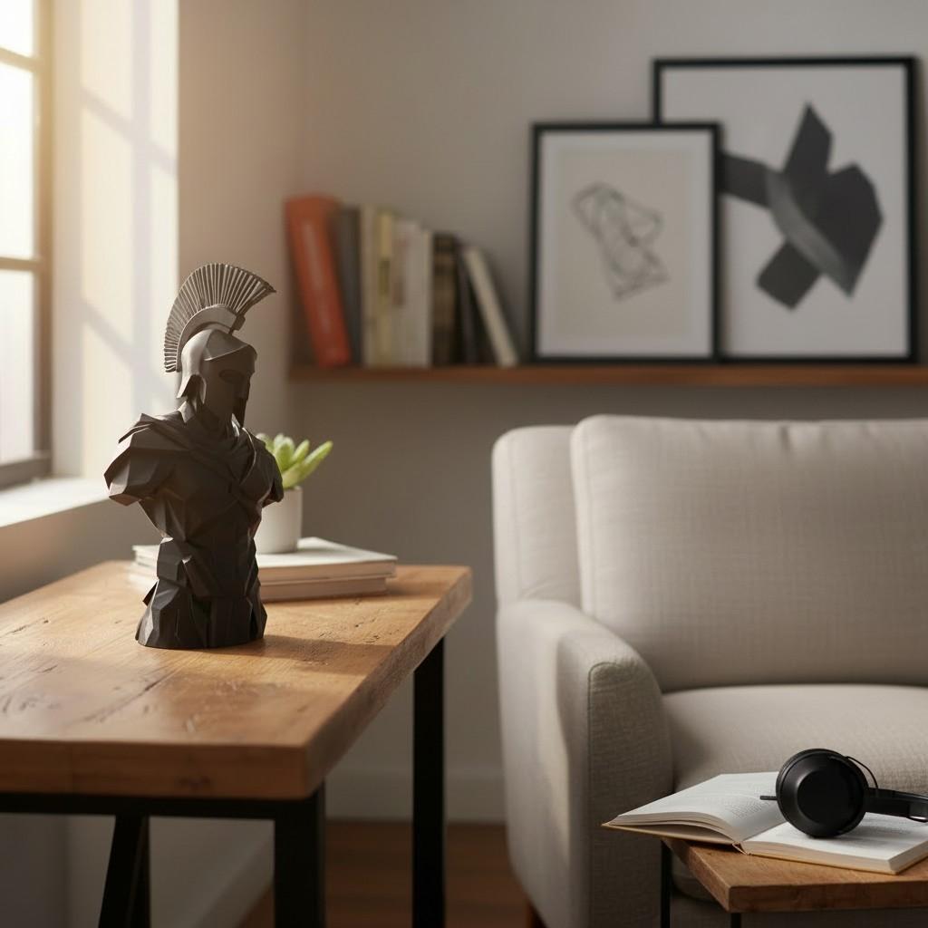 Low Poly Spartan Warrior Bust – Geometric Greek Helmet Statue, Masculine Office Decor