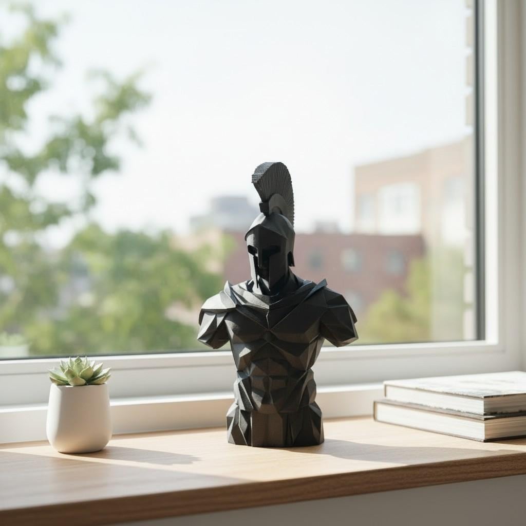 Low Poly Spartan Warrior Bust – Geometric Greek Helmet Statue, Masculine Office Decor