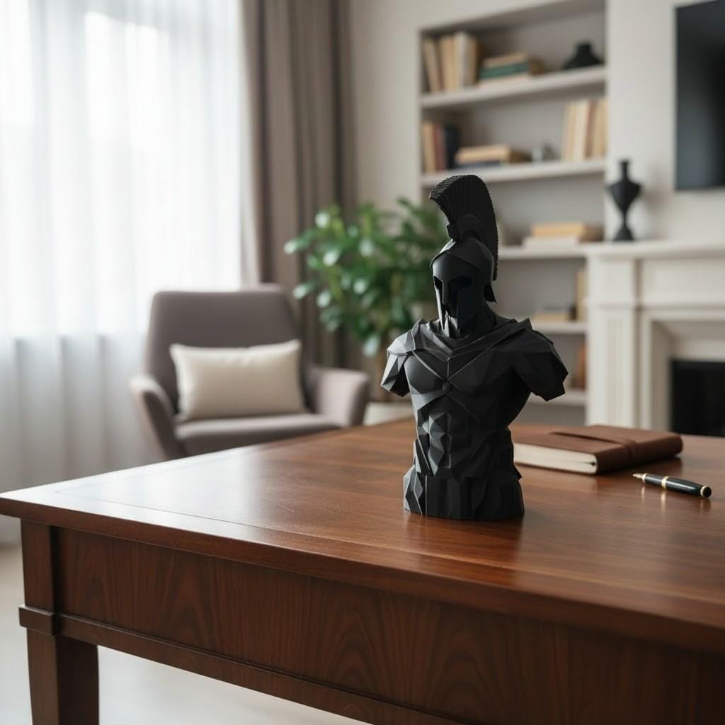 Low Poly Spartan Warrior Bust – Geometric Greek Helmet Statue, Masculine Office Decor