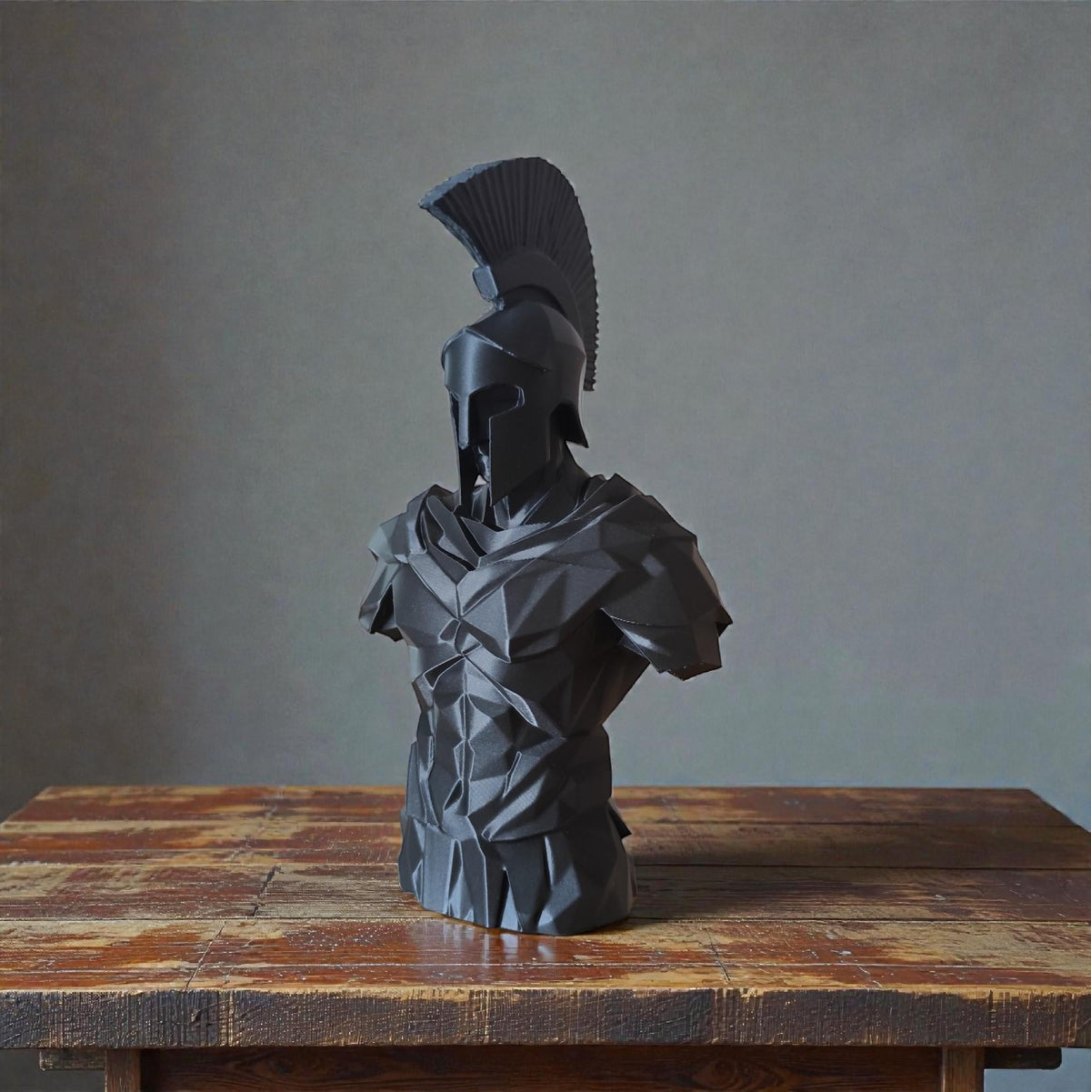 Low Poly Spartan Warrior Bust – Geometric Greek Helmet Statue, Masculine Office Decor