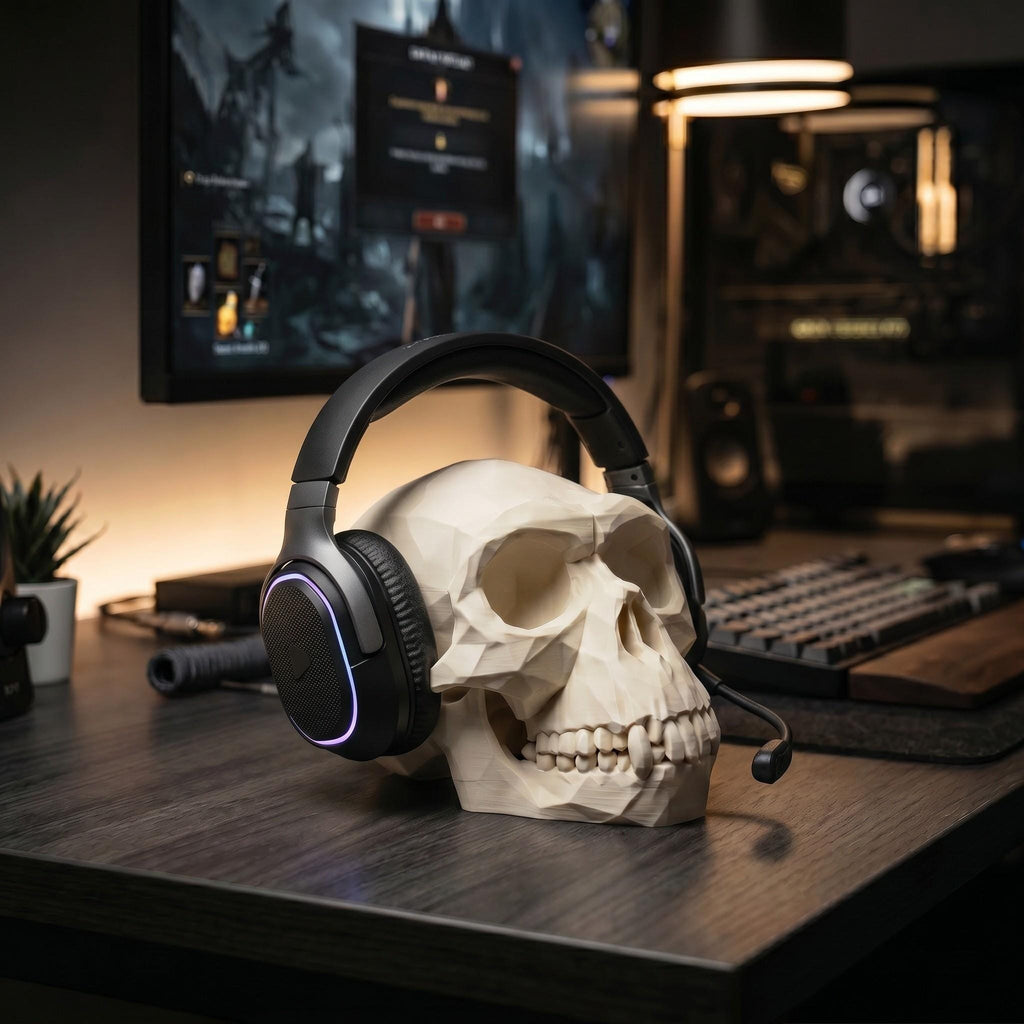 Low Poly Monkey Skull Headphone Stand – Geometric Sculpture, Gamer Desk Decor, PLA+ Plastic