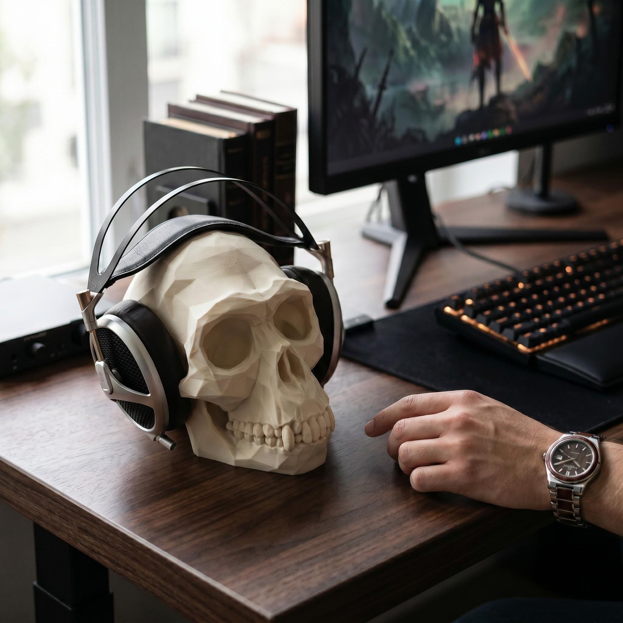 Low Poly Monkey Skull Headphone Stand – Geometric Sculpture, Gamer Desk Decor, PLA+ Plastic