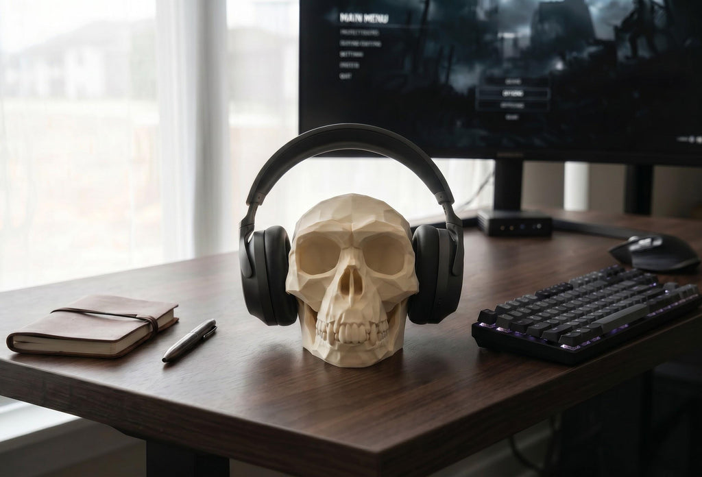 Low Poly Monkey Skull Headphone Stand – Geometric Sculpture, Gamer Desk Decor, PLA+ Plastic