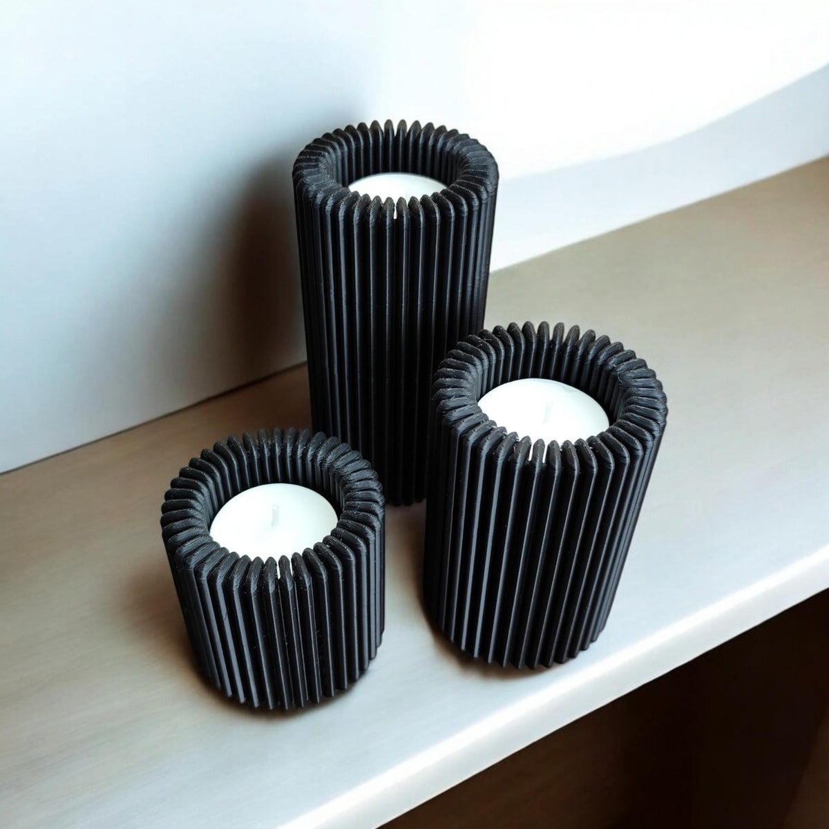 Ribbed LED Candle Holder, Modern Tea Light Holders in Three Sizes, Minimalist Winter Home Decor, Scandinavian Table Centrepiece